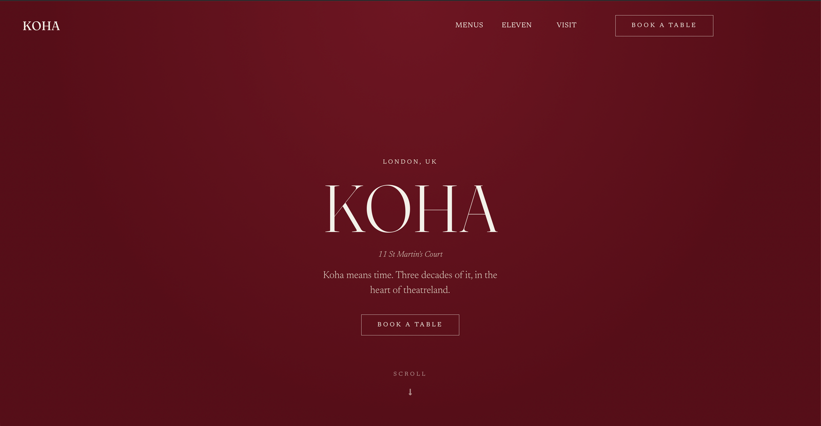 Koha London restaurant website homepage on desktop